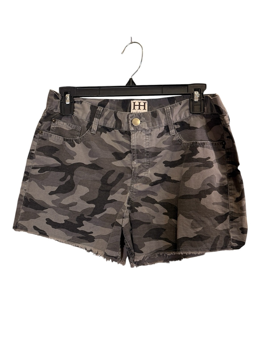 Haute Hippie Women’s Gray Camo Frayed Hem Button Fly Shorts Sz 26